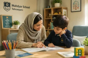 معلم در کنار دانشآموز دبستان مهدیار تهرانپارس، در حال شناسایی و برطرفکردن موانع یادگیری با تمرین و راهنمایی فردی
